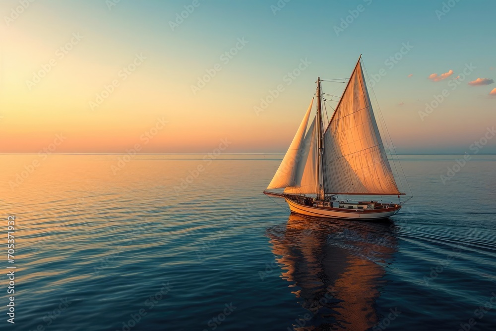 Classic sailboat on a calm sea at sunset