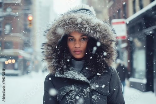 Female model in a winter coat and fur hat in a snow-covered urban setting