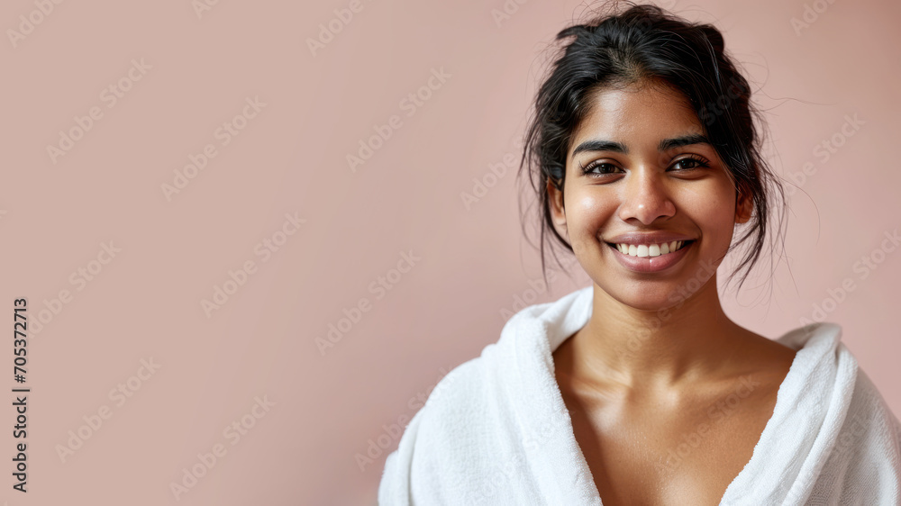 Indian woman in bathrobes, female body care and pampering in hotel spa Indian woman in bathrobes, female body care and pampering in hotel spa