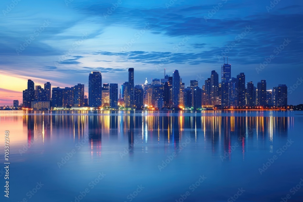 Fototapeta premium Glimmering city skyline reflected in calm waters at dusk