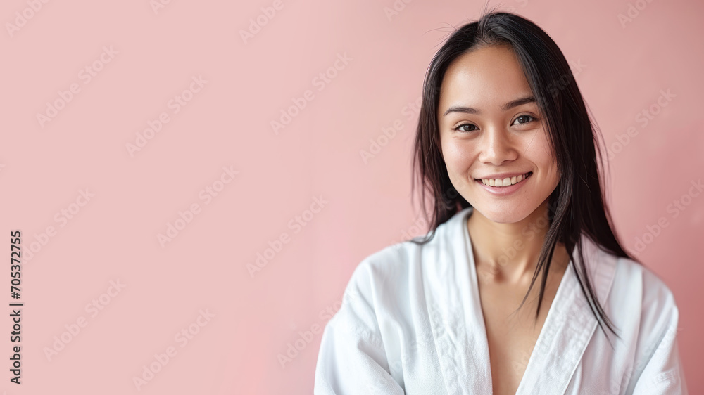 Malay woman in bathrobes, female body care and pampering in hotel spa