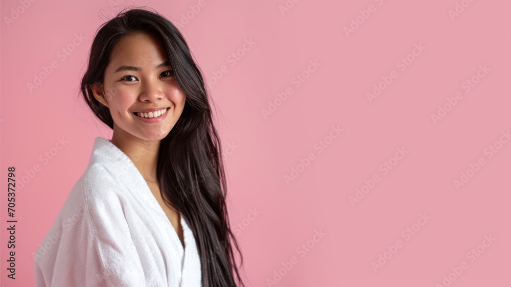Malay woman in bathrobes, female body care and pampering in hotel spa Malay woman in bathrobes, female body care and pampering in hotel spa