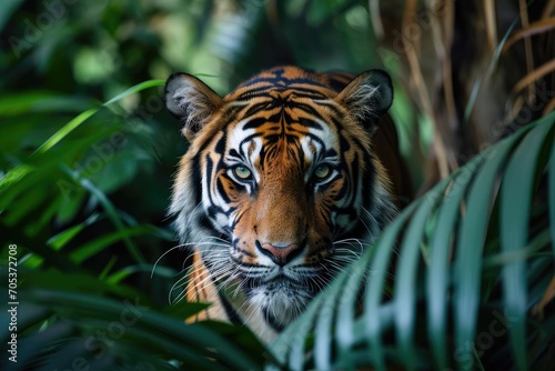 Gaze of an intense tiger in a lush jungle