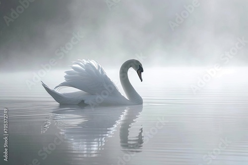 Graceful swan swimming on a misty lake