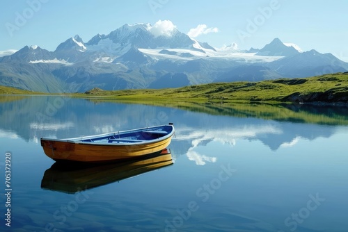 Lonely boat floating on a glassy alpine lake