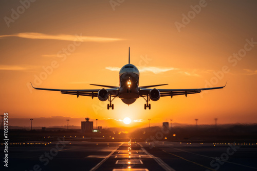 Airplane Landing at Sunset: A Majestic View Against the Golden Sky