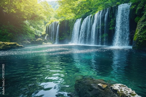 Majestic waterfall cascading into a serene pool
