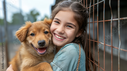 A little girl helps adopting a dog from dog rescue shelter center. photo