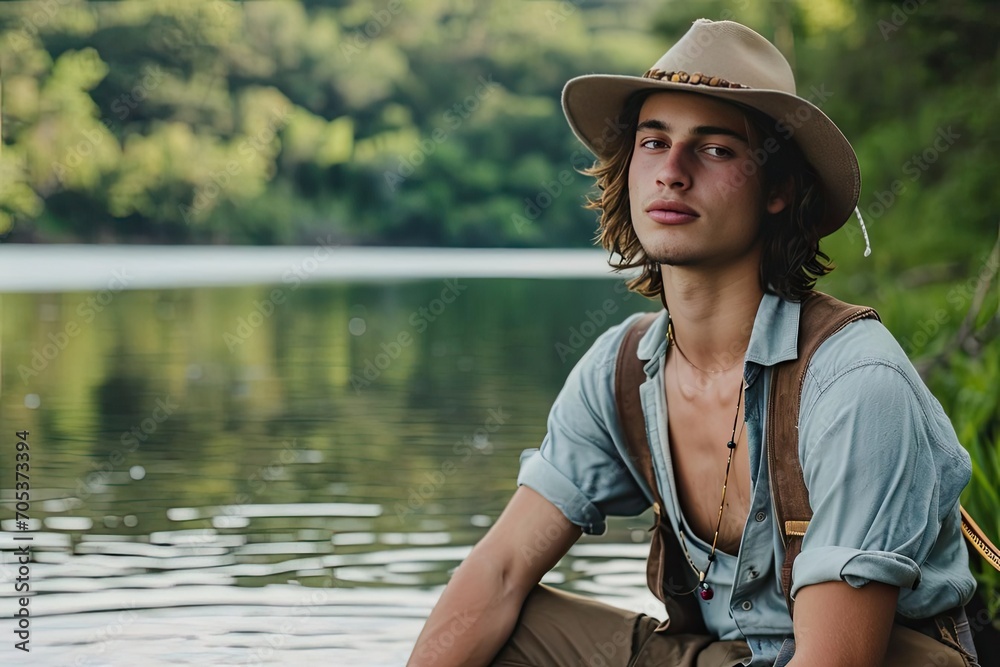 Male model in traditional fishing attire by a serene lake