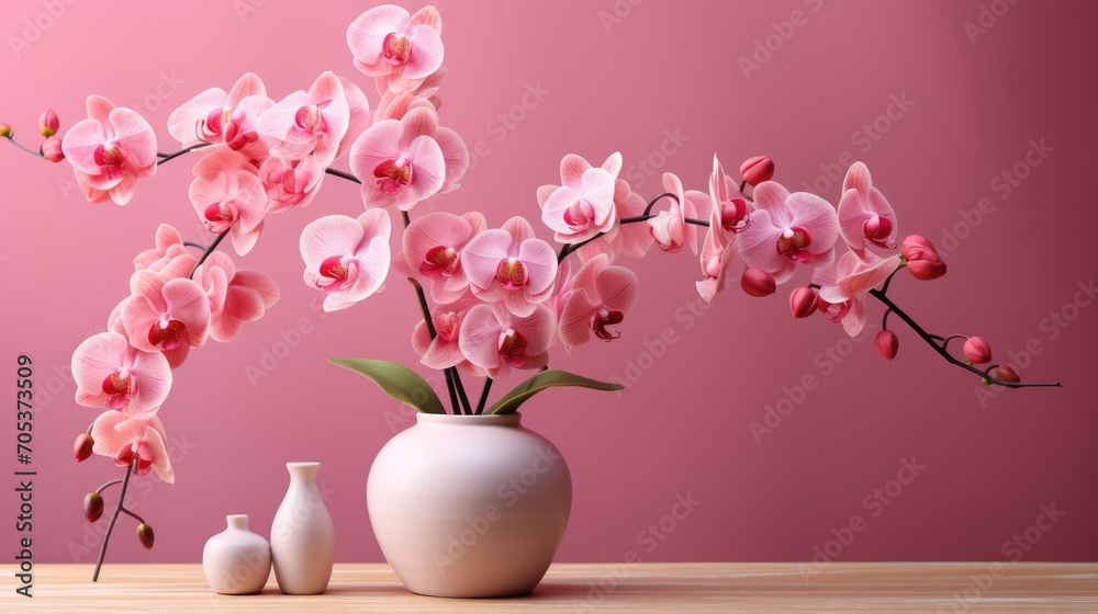 Bouquet of pink orchids in a vase on a table with pastel pink walls Bouquet of pink orchids in a vase on a table with pastel pink walls