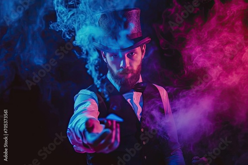 Model as a charismatic magician performing a magic trick With mystical props photo