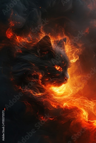 Fire cat  dark orange cat with glowing eyes in fire