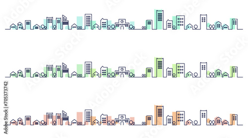 シンプルな街並みの線画イラストのセット　背景イラスト