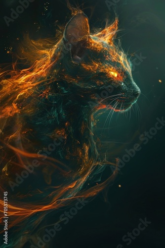 Fire cat, dark orange cat with glowing eyes in fire © Asman