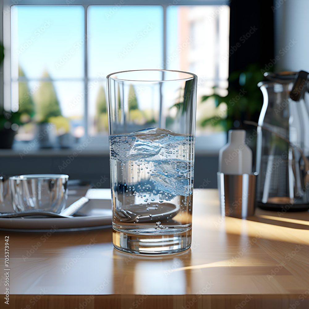 Water Source in the Kitchen: Glass Cup Filled from Tap with Clean Water - Generative AI Water Source in the Kitchen: Glass Cup Filled from Tap with Clean Water - Generative AI