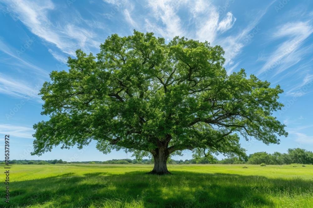 Old oak tree majestically standing in a verdant field Old oak tree majestically standing in a verdant field