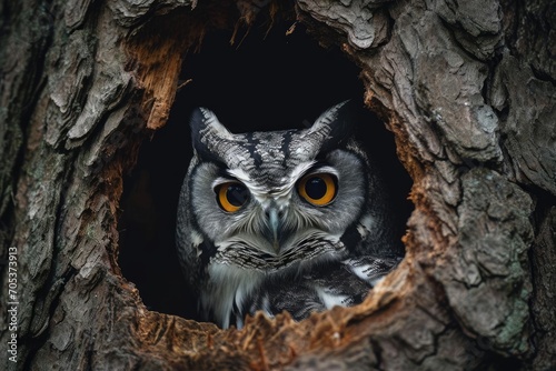 Mysterious owl gazing from a hollow tree