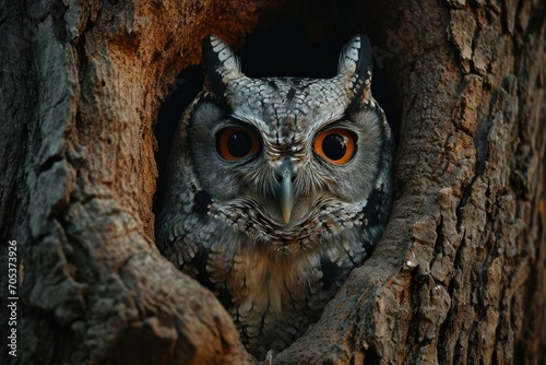 Mysterious owl gazing from a hollow tree