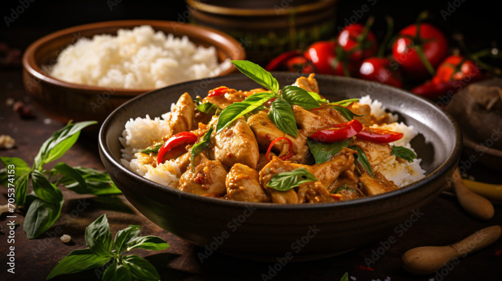 Thai mantissa chicken curry in bowl with jasmine