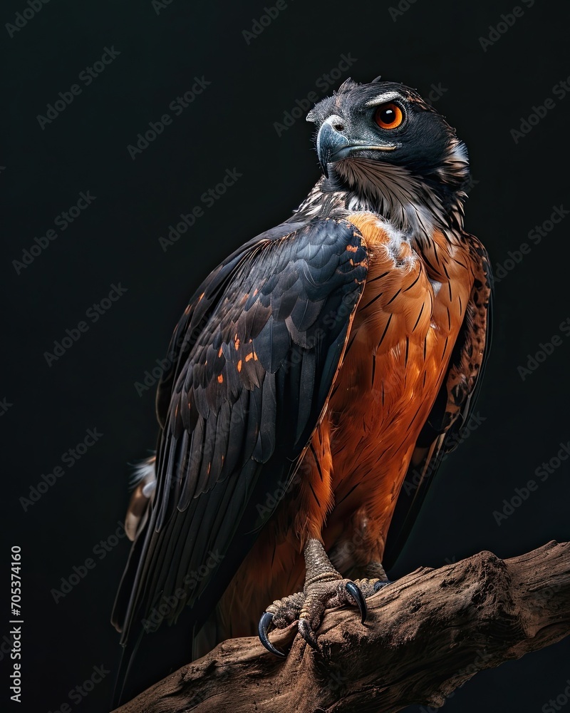 Fototapeta premium Elegant pose of Black chested Snake Eagle standing on old wood AI Generative