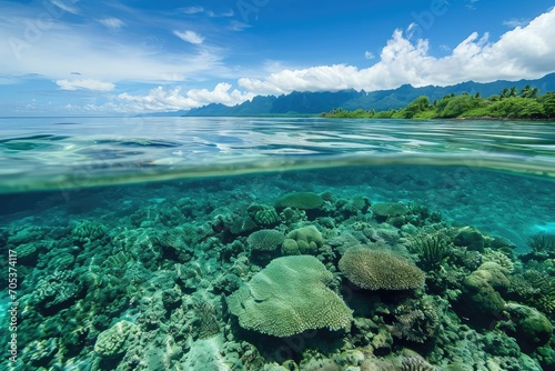 Pristine coral reef under crystal clear water