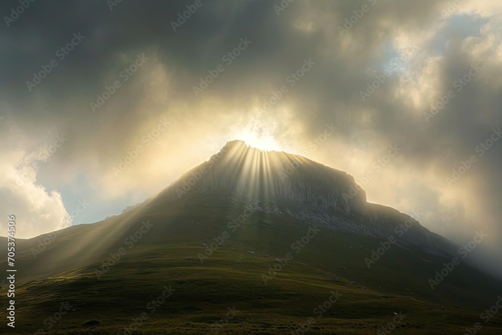 Sunrays breaking through clouds over a solitary mountain
