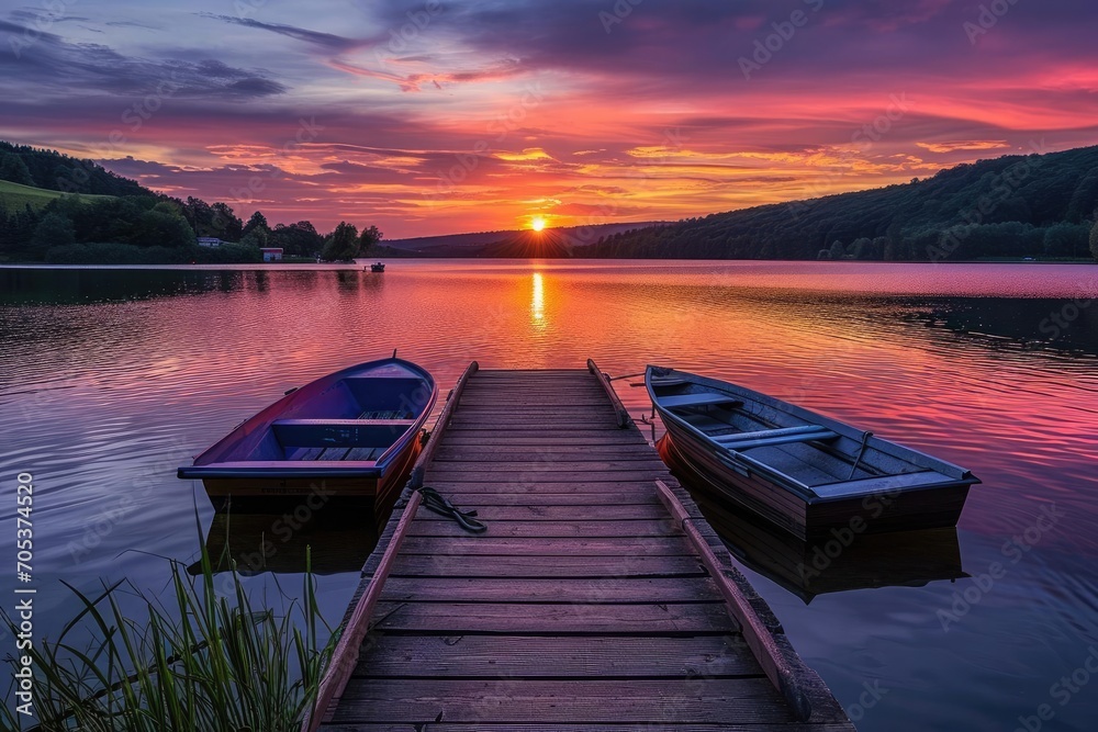 Sunset over a peaceful lake with a dock and boats
