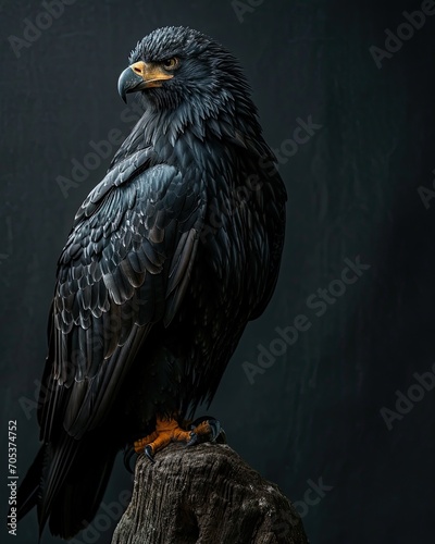 Portrait majestic of black eagle standing on old log AI Generative