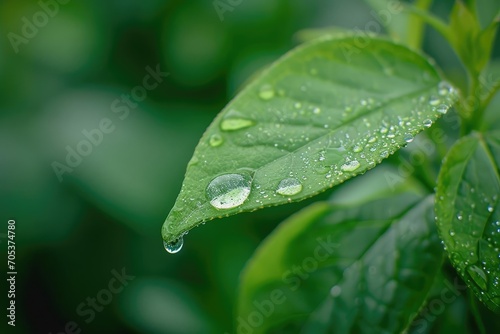 Single dewdrop glistening on a fresh green leaf photo