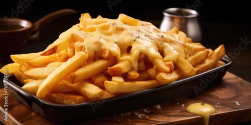 Delight in the amalgamation of crisp, salted fries elegantly adorned with a molten blanket of cheese, meticulously chosen to provide a harmonious contrast in both taste and texture.