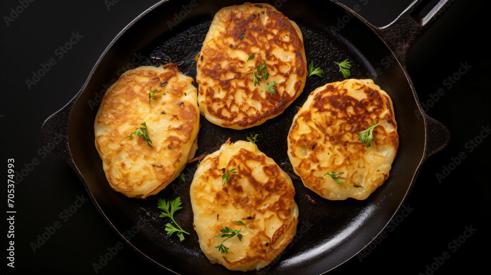 Three potato pancakes on a cast iron frying pan