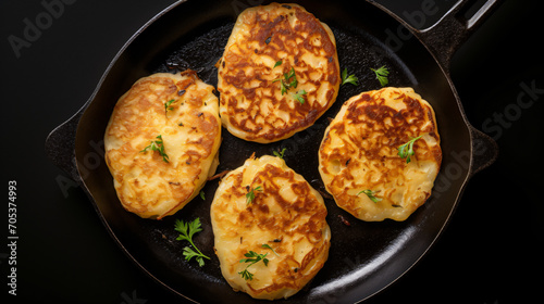 Three potato pancakes on a cast iron frying pan