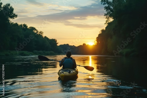 Solo kayaker navigating a tranquil river at sunset