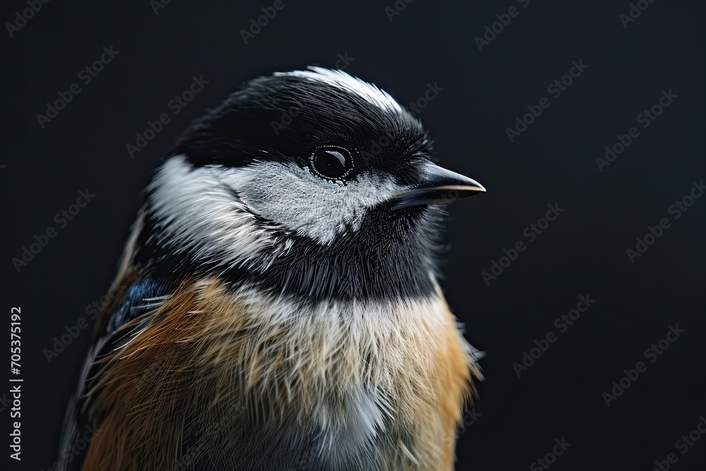 Obraz premium Side view of Black-capped Chickadee isolated on black background AI Generative