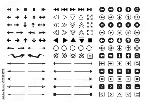 Arrows of various designs. Black and black line backer arrow icon set. photo