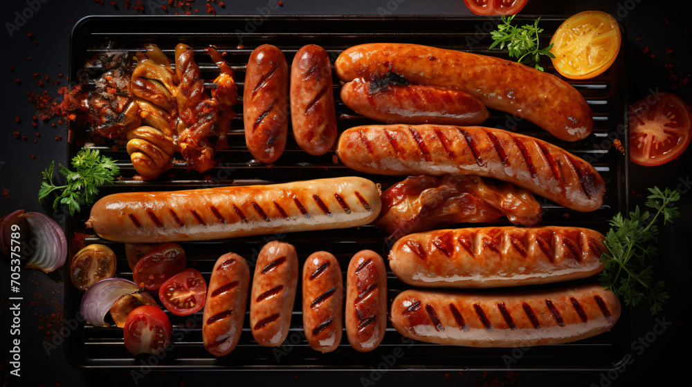 Tray of grilled hot dogs and bratwursts on tray - obrazy, fototapety, plakaty 