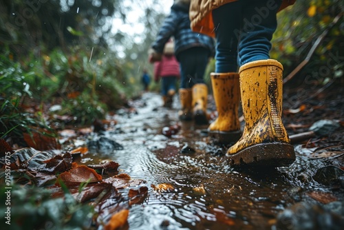 A group of children are seen playing in nature, wearing rain boots and waterproof clothing, jumping and splashing in the muddy ground | Exploring Nature with Galoshes and Raincoats 