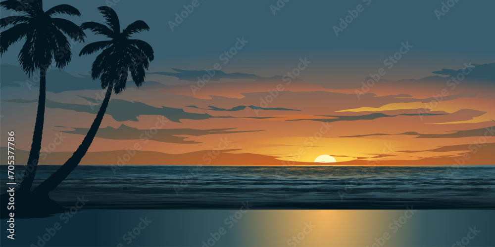 Beautiful tropical beach landscape with coconut trees in silhouette