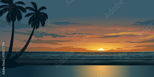 Fototapeta Naklejka Na Ścianę i Meble -  Beautiful tropical beach landscape with coconut trees in silhouette