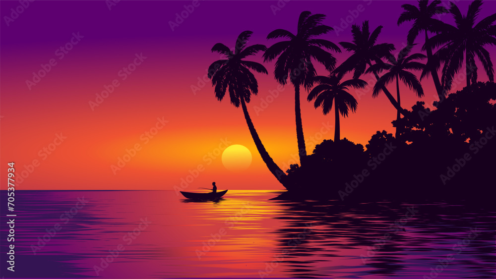 Dramatic sunset landscape at beach with fisherman on boat and coconut trees