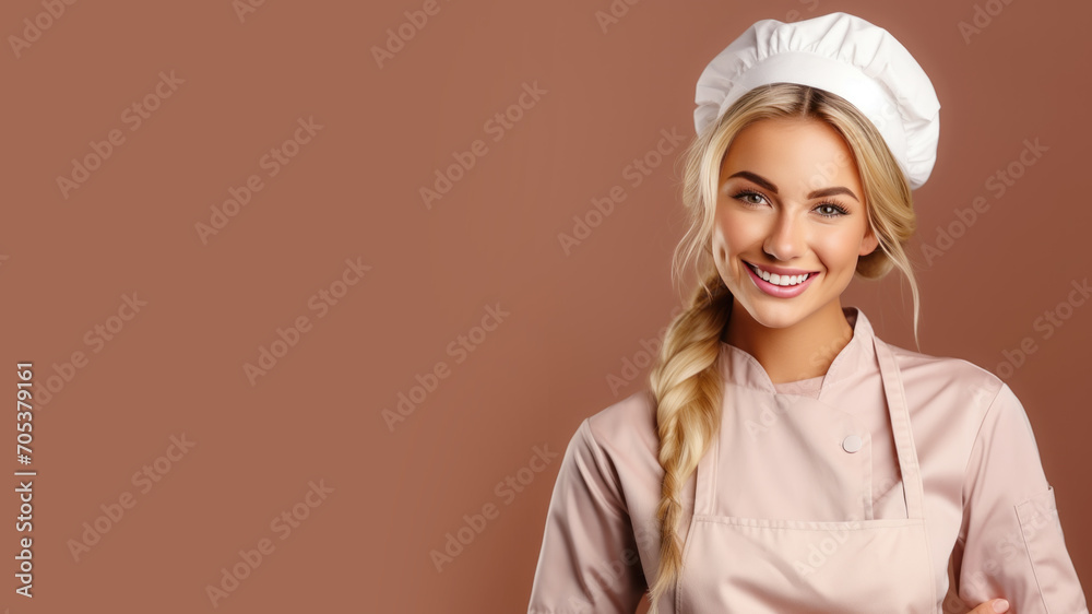 Blonde woman in chef uniform smiling isolated on pastel background Blonde woman in chef uniform smiling isolated on pastel background