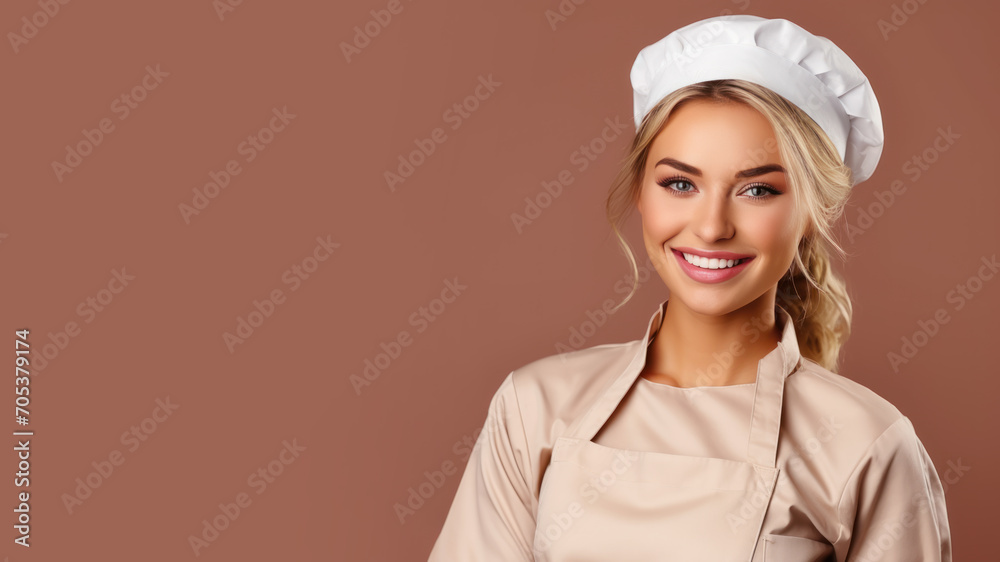Blonde woman in chef uniform smiling isolated on pastel background Blonde woman in chef uniform smiling isolated on pastel background