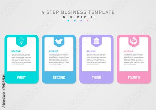 Infographic 4 step business template, multi-colored pastel squares in the middle of a white square. The upper center letter has a white icon on a pointed square on a gray gradient background.