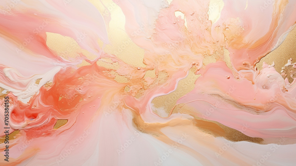 Fluid art texture design. Background with floral mixing paint effect. Mixed paints for posters or wallpapers. Gold and Blush Pink overflowing colors. Liquid acrylic picture that flows and splash