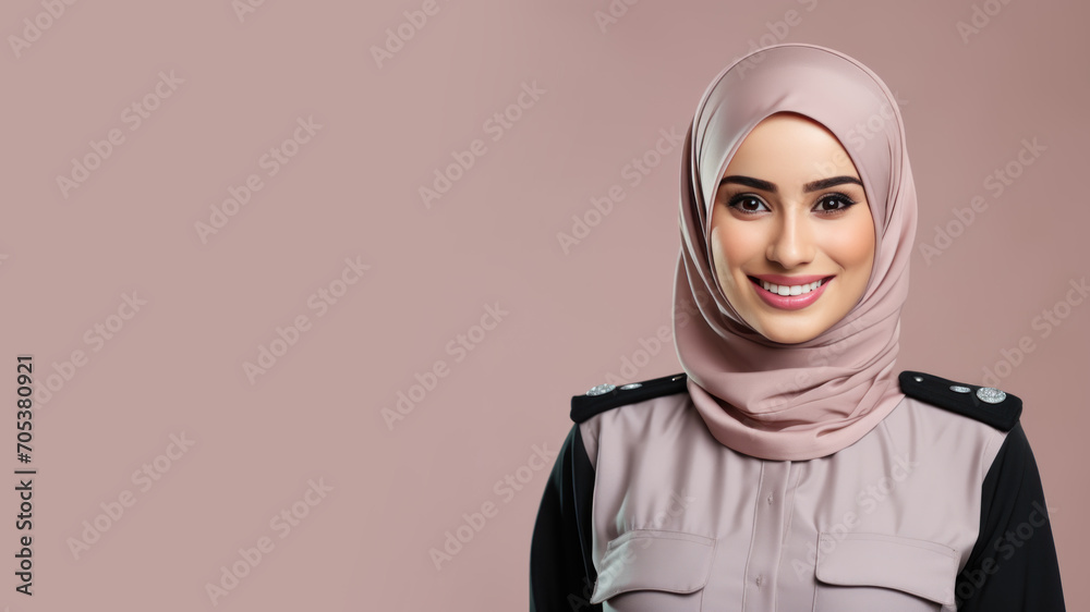 Arab hijab woman in security guard uniform isolated on pastel background Arab hijab woman in security guard uniform isolated on pastel background