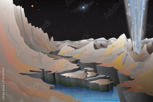 Enceladus, Europa, Jupiter, Titan, moon surface with geysers blasting water into space