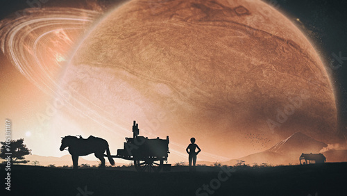 3D rendering of a surreal silhouette of horse, wagon and rancher on a dusty planet with the ringed planet of Saturn rising like a sunrise in the background