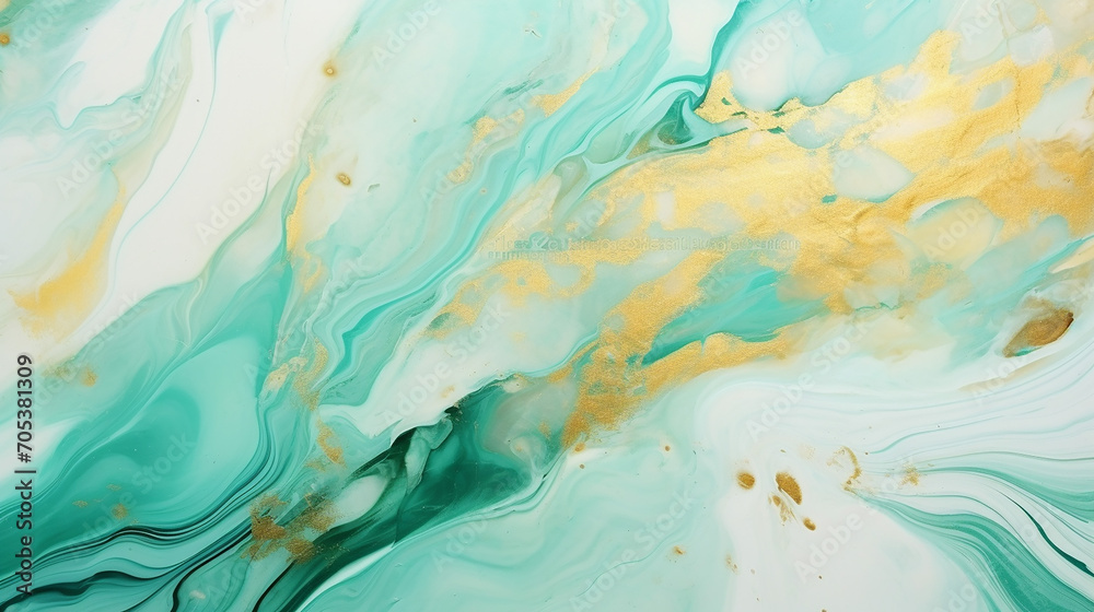 Fluid art texture design. Background with floral mixing paint effect. Mixed paints for posters or wallpapers. Gold and Mint Green overflowing colors. Liquid acrylic picture that flows and splash
