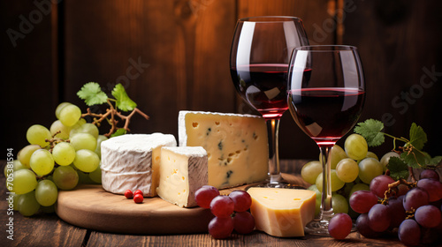 Assortment of cheese grapes with red wine in glass