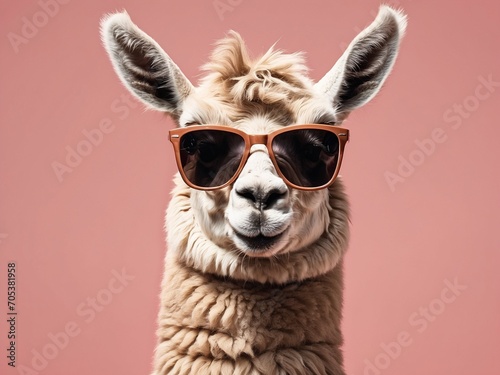 Creative animal concept. Llama in sunglass shade glasses isolated on solid pastel background, commercial, editorial advertisement, surreal surrealism